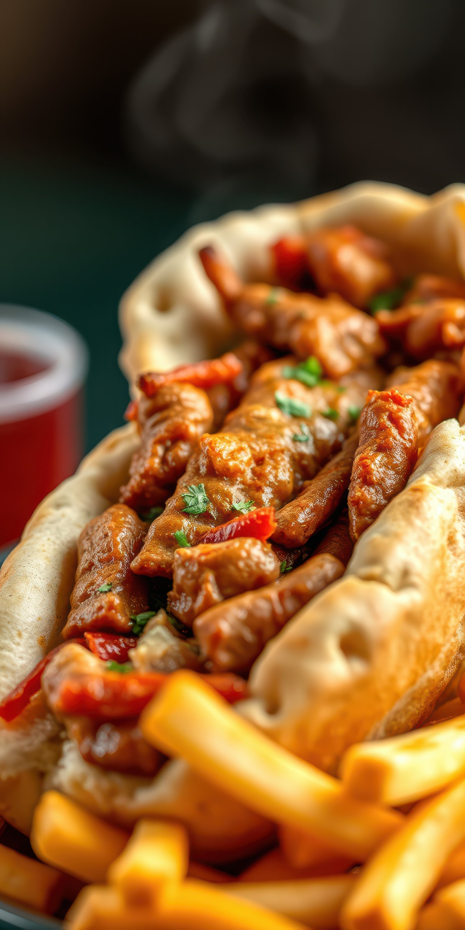 Delicious pita filled with tender meat, fresh toppings, and crispy fries at a vibrant eatery
